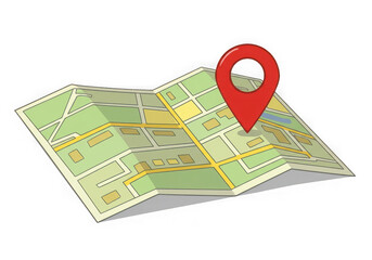 Poster - Cartoon map with a red location pin marking a specific spot for travel and navigation in a city isolated on transparent background
