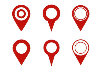 Poster - Six red location pin icons on a transparent background representing mapping and navigation symbols for various applications