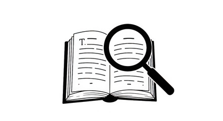 Poster - An open book with a magnifying glass over the text symbolizing research study and the pursuit of knowledge isolated on transparent background