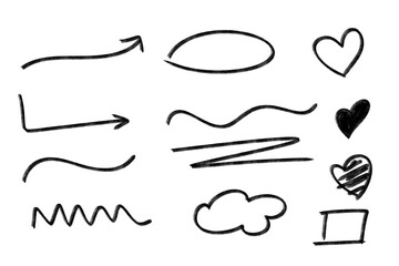 Poster - Hand Drawn Black Doodle Arrows, Hearts, Lines, Cloud and Square Vector Elements on transparent background