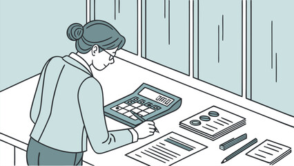 Poster - Woman using a calculator in an office setting while reviewing financial documents and reports during daytime hours