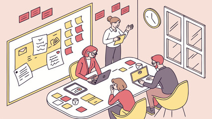 Poster - Team collaboration in a modern office space during a brainstorming session with sticky notes on the wall