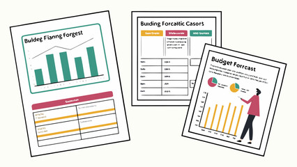 Poster - Budget planning and forecasting documents with graphs and tables displayed for financial analysis in an office setting