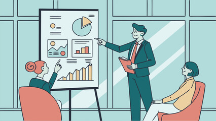 Poster - Professional presentation in a bright office with a speaker discussing visual data to an engaged audience