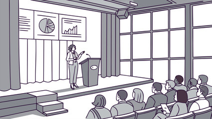 Poster - Business presentation on stage with audience listening during a corporate event in a modern conference room