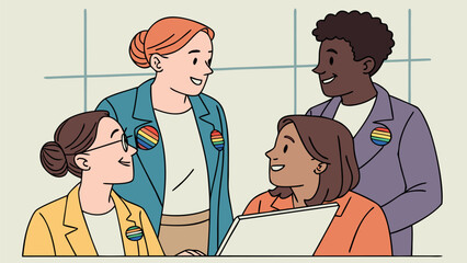 Poster - Team collaboration at a workplace discussing LGBTQ+ inclusivity strategies during a morning meeting