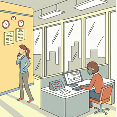 Poster - Office workers engaged in tasks during a busy weekday in a modern skyscraper environment
