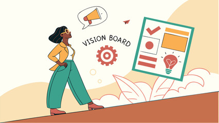 Poster - Woman creating a vision board while standing confidently on a slope during a bright day