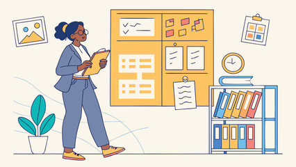 Poster - Woman reviewing documents in an office space with notes and books on the shelves during daytime