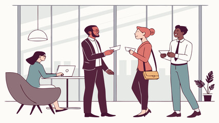 Poster - Business professionals engaged in conversation and exchanging ideas in a modern office setting during the day