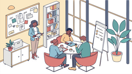 Poster - Team collaborates in modern office space during brainstorming session in bright environment
