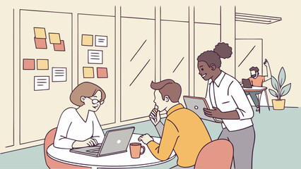 Poster - Collaborative teamwork in a modern office setting with individuals engaged in tasks and discussions