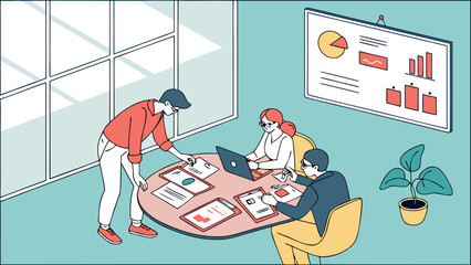Poster - Team members collaborating in a modern office setting while discussing project plans and analyzing data on a computer