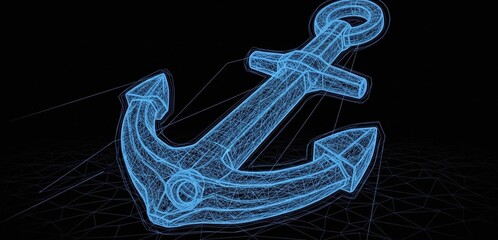 Poster - Abstract Blue Anchor Hologram on Black Background - Digital Illustration