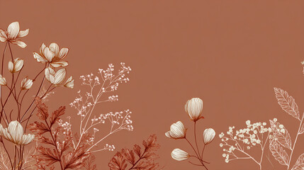 Poster - Floral illustration with white and brown flowers on a brown background art
