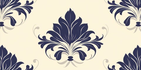 floral pattern with vintage ornament in dark blue on cream background seamless design for elegant de