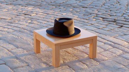 Poster - Minimalist wooden table with black hat resting on top set against a cobblestone background in soft natural lighting