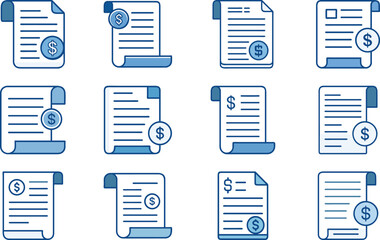 Poster - Collection of stylized blue and white invoice icons featuring dollar symbols