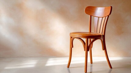Poster - Elegant wooden chair in minimalist setting with warm light and soft shadows highlighting craftsmanship and design aesthetics