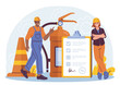 © Rudzhan - Two workers in safety gear stand near a fire extinguisher, safety cone, and checklist on a blue background with gears. Concept of workplace safety. Vector illustration