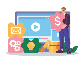 Poster - Man holding dollar sign puzzle piece near computer screen with video player, surrounded by icons for email, ideas, and settings on white background. Vector illustration