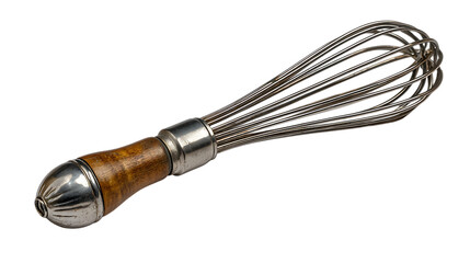 Vintage wire whisk with wooden handle isolated on transparent background