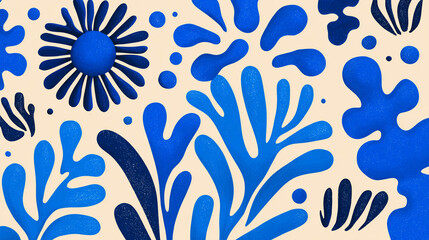 Poster - Abstract floral design with blue shapes and a cream colored background art