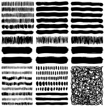 Brush, pen, pencil line set. Vector calligraphy paint strokes. Abstract black ink grungy lines, curves, emphasis underlines. JPEG version.