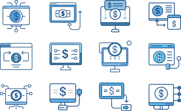 Digital finance and online banking illustrated with computer icons in blue tones