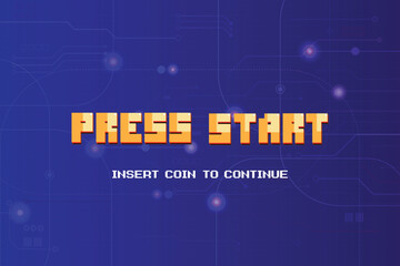 Aufkleber - PRESS START. INSERT A COIN TO CONTINUE. pixel art. 8 bit game. retro game. for game assets. Retro Futurism Sci-Fi Background. glowing neon grid and stars from vintage arcade computer games