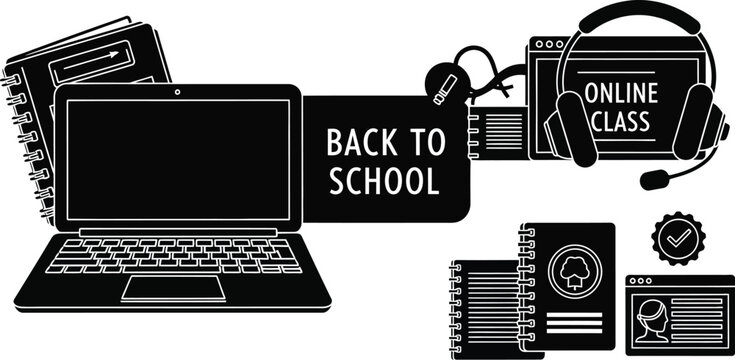 Vector art of black and vector graphic featuring a laptop notebooks headphones and online class icons with a backtoschool theme