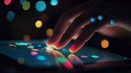Poster - Female finger interacting with vibrant illuminated digital display