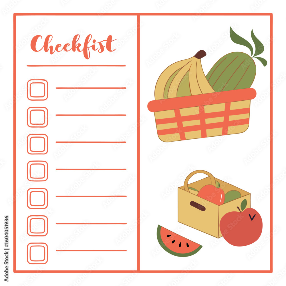 Checklist with boxes and lines next to a basket of bananas and zucchini ...
