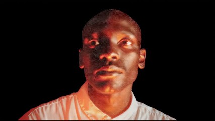 Poster - Man with closed eyes in glowing orange visual display exploring abstract art concepts in digital environment