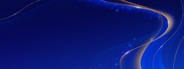 Poster - Luxury award ceremony backdrop with blue gradient waves, golden curved lines, sparkling particles and elegant flowing shapes. Premium celebration design for events, achievements and recognitions.