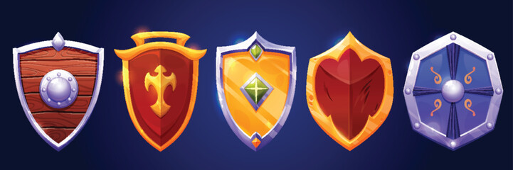 Poster - Medieval cartoon shield collection for game ui - wooden defense with metal studs, golden warrior protection with axe emblem, silver guard decorated with gem, red knight armor plate, blue defender.
