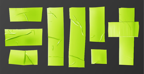 Poster - Green adhesive tape strips set with realistic wrinkles. Various sizes and shapes of lime scotch pieces. Sticky paper patches for office notes, repairs or scrapbooking projects on dark background.