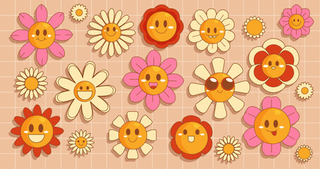 Poster - Retro groovy daisy characters with smiling faces . Cute flower set with pink, white and red petals with cheerful expressions. Vintage hippie style blooms for nostalgic designs and positive vibes.