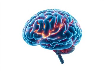 Poster - A human brain with sparking lightning bolts, isolated on white,   mental,  neuroscience