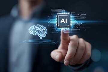 Poster - A businessman who strategically implements artificial intelligence embodies the perfect blend of innovation and decision-making that accelerates business growth and optimizes efficiency