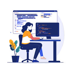 Focused female software developer coding at her desk, modern flat vector illustration.