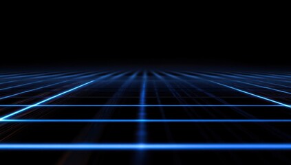 Poster - Abstract futuristic grid background with glowing blue neon lines. A sense of depth and perspective is created by the converging lines.