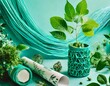 © Creative Art - Eco still life in transformative teal color, plants and decorative elements made of natural materials, soft blue-green color