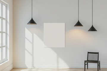 Poster - Elegant Scandinavian Interior with Blank Canvas and Chic Lighting Fixtures