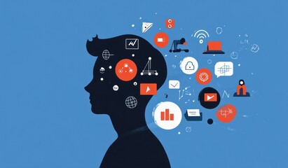 Poster - Conceptual illustration of a head filled with business and technology icons