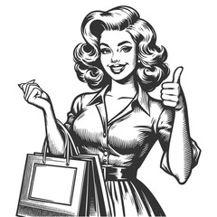 Wall Mural - cheerful woman with long hair holding shopping bags and giving a thumbs up sketch engraving generati