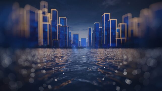 Abstract Futuristic Cityscape Reflected on Calm Waters in a Dark Blue Tone