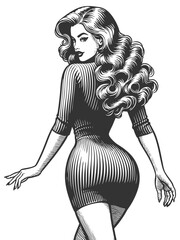 Wall Mural - confident woman in a fitted dress, looking over her shoulder with a glamorous expression sketch engr