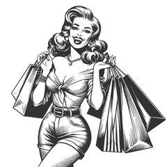 Wall Mural - cheerful woman with long hair holding shopping bags and giving a thumbs up sketch engraving generati