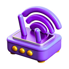 Fototapete - A purple 3d render of a wireless router with gold accents and signal waves isolated on transparent background